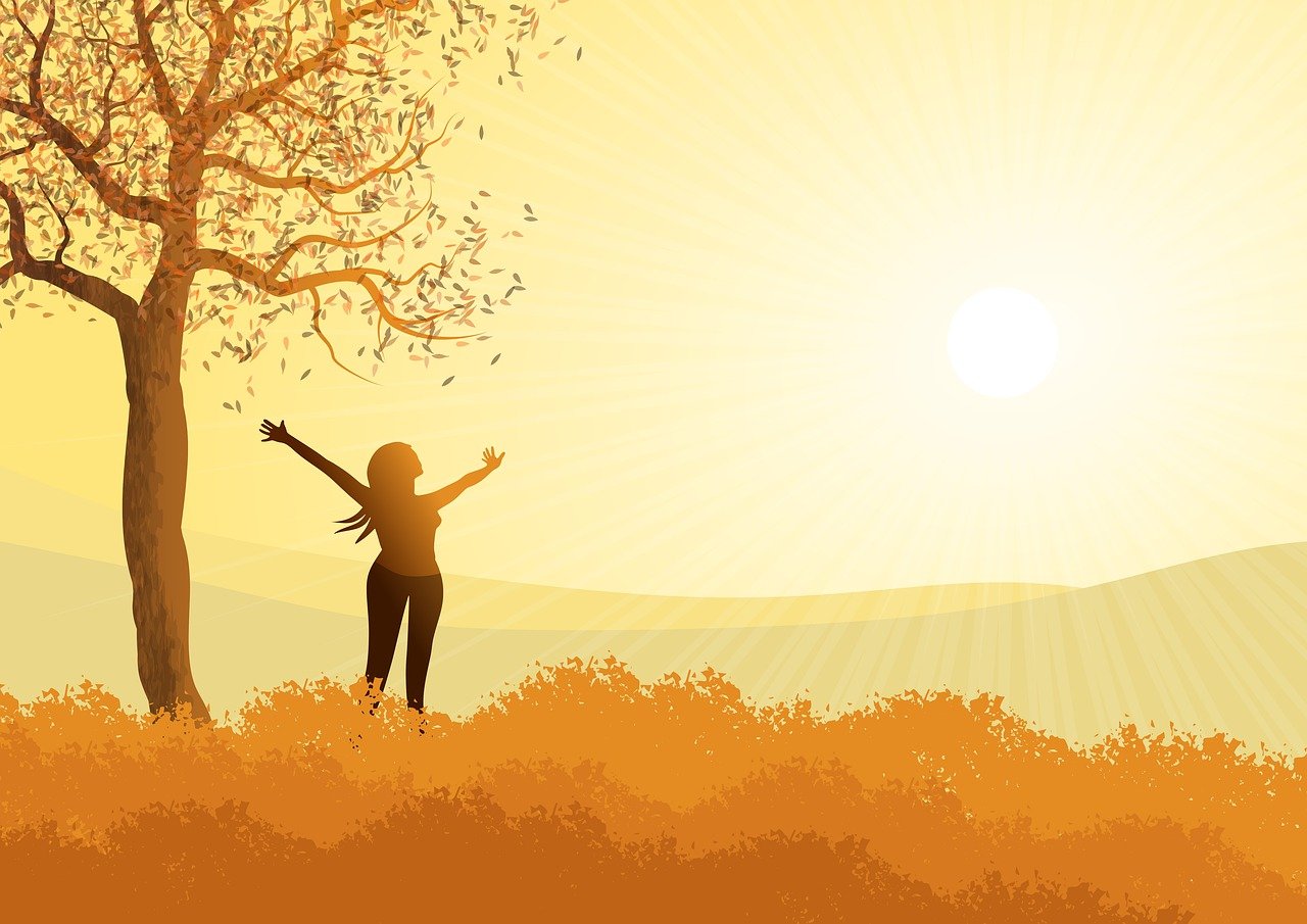 Illustration depicting a person spreading their arms wide in an open field, symbolizing freedom and liberation.